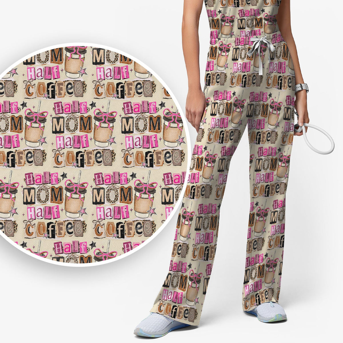 Half Mom Half Coffee Nurse Scrub Set