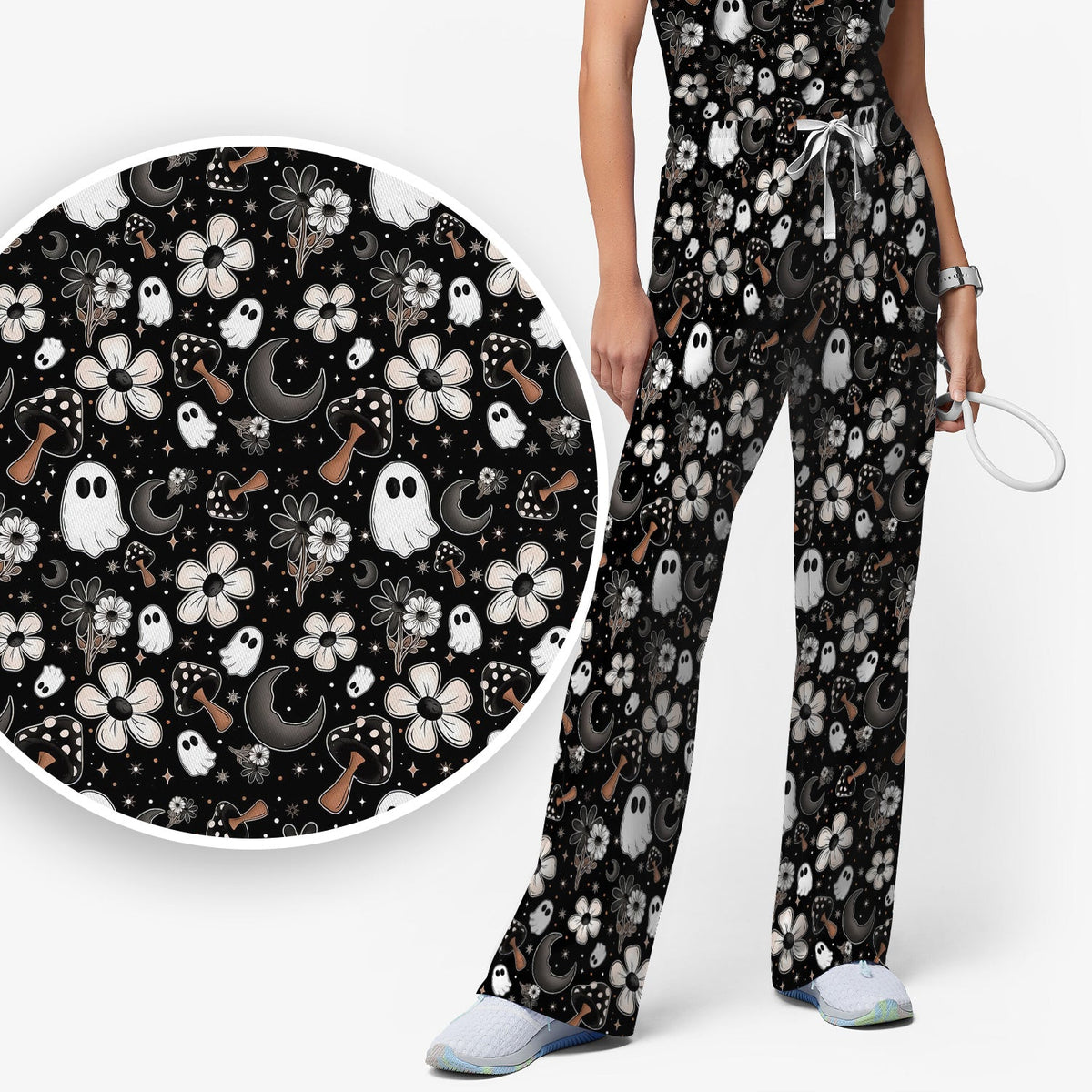 Floral Mushroom Ghost Nurse Scrub Set