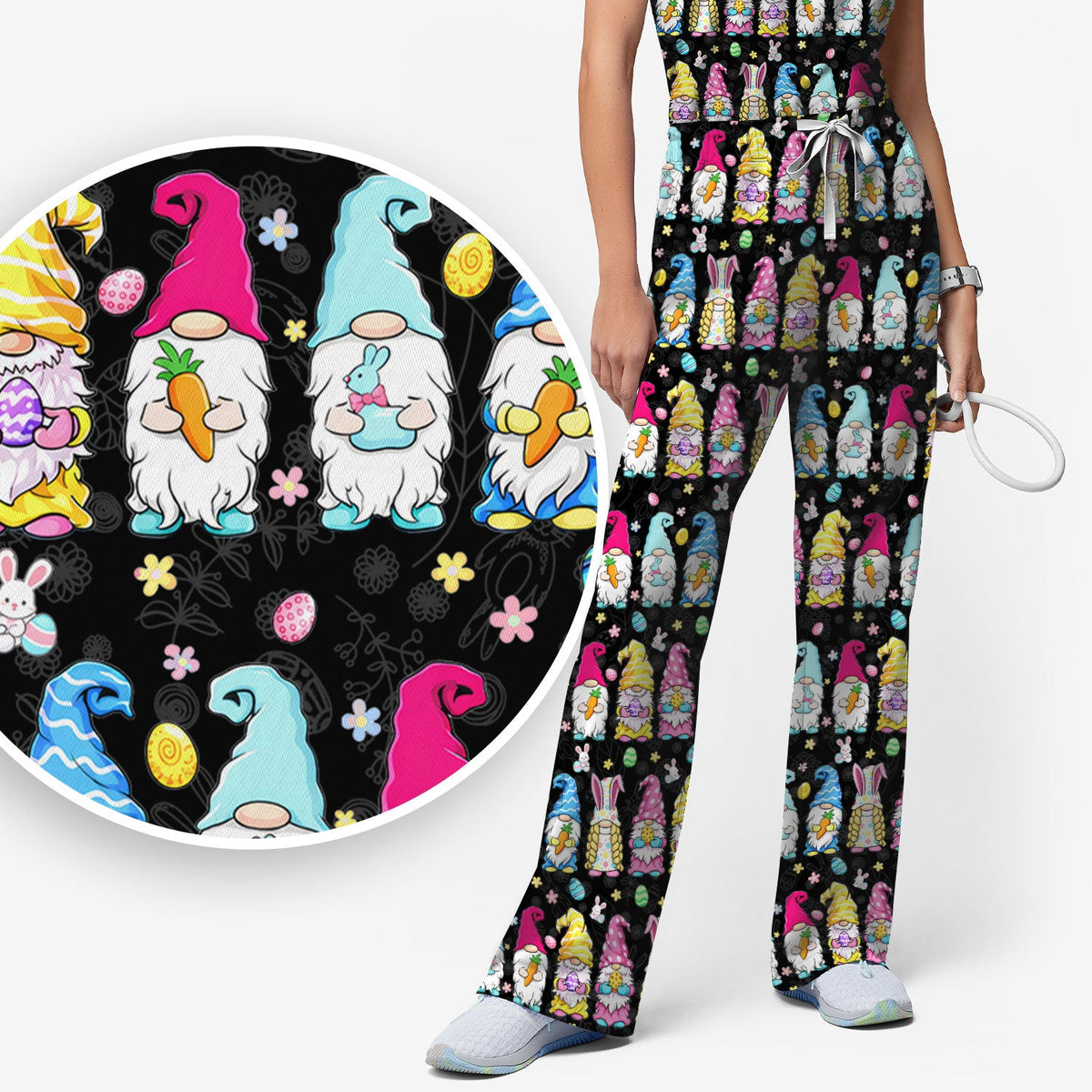 Colorful Easter Gnome Bunny Eggs Nurse Scrub Set