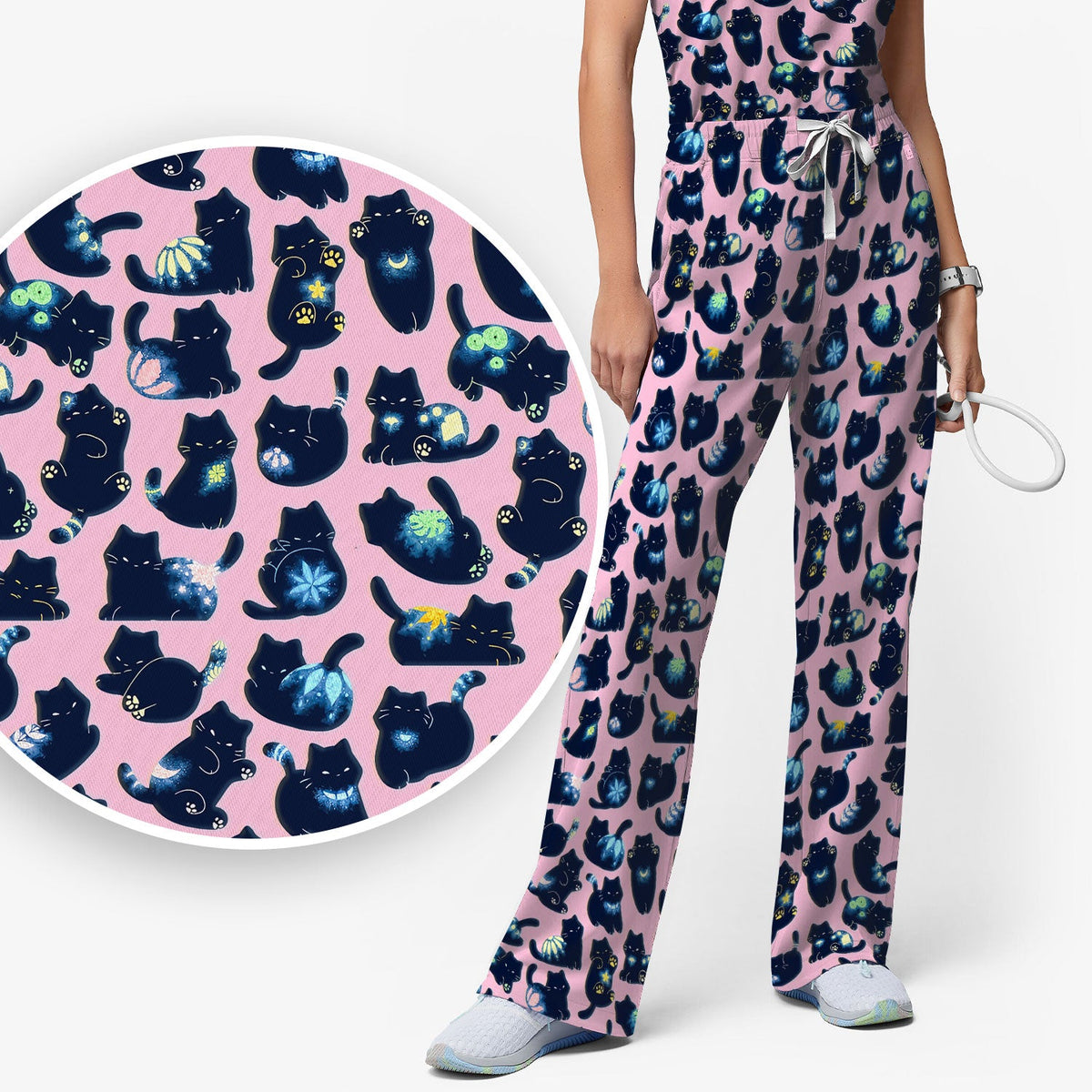 Midnight Black Cat Nurse Scrub Set