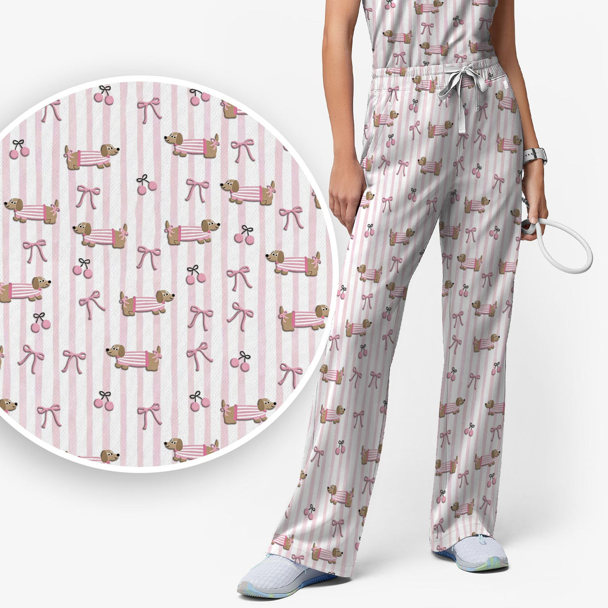 Dachshund Pink Stripe Nurse Scrub Set