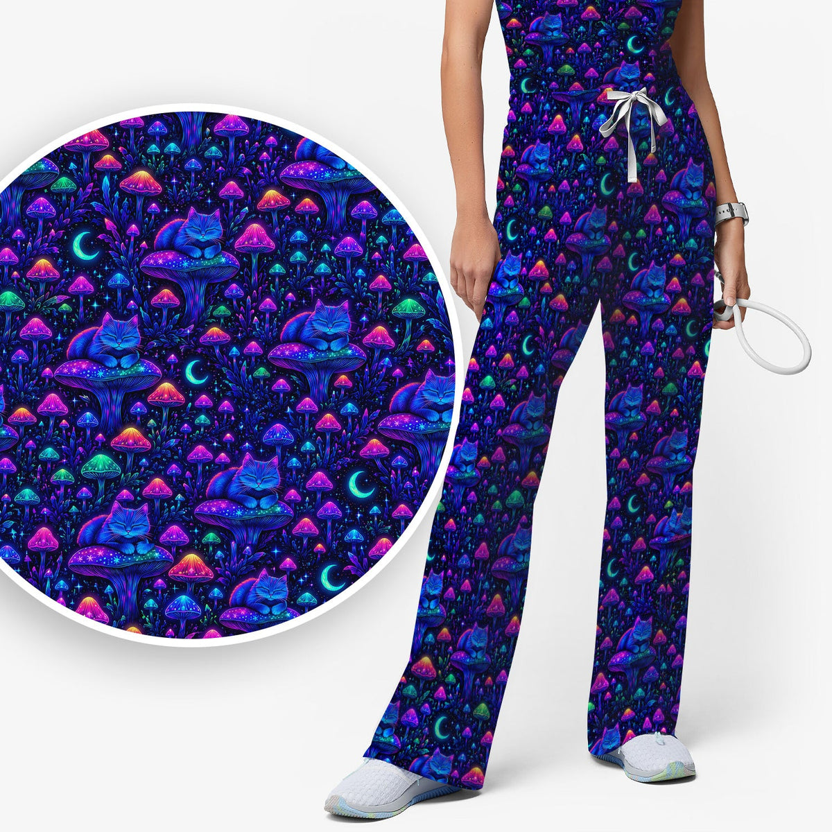 Neon Mushroom Cat Galaxy Nurse Scrub Set