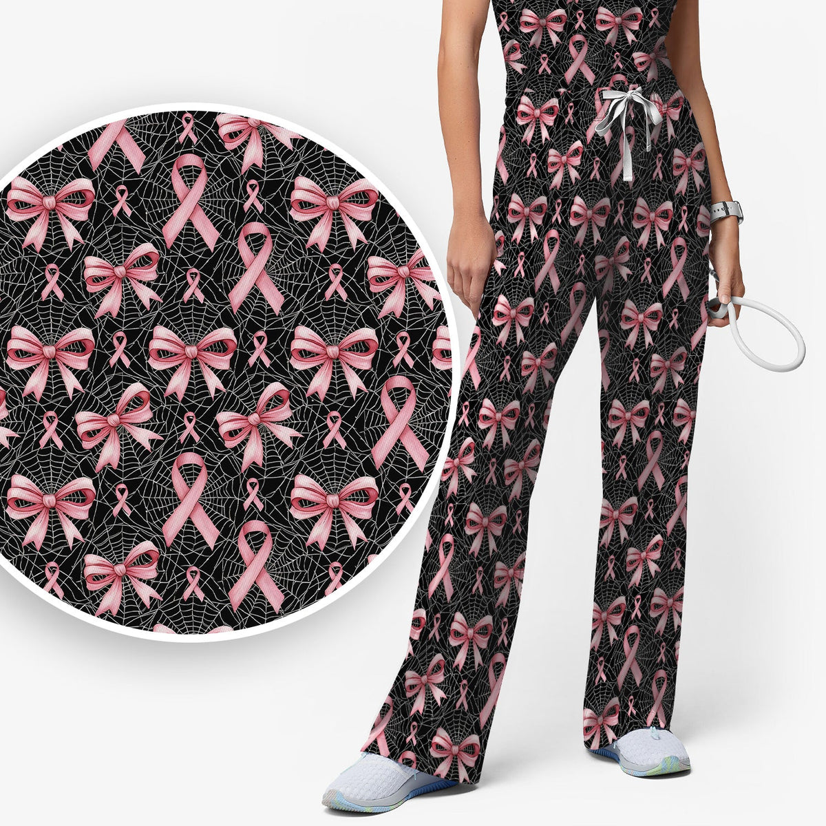 Pink Ribbon Pattern Nurse Scrub Set