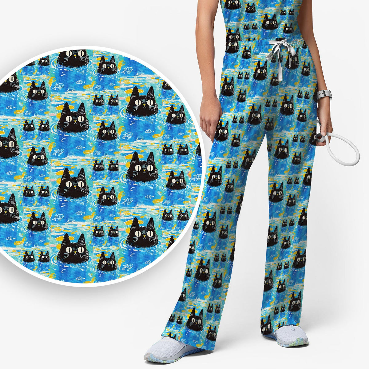 Black Cat Swimming In Blue Water Nurse Scrub Set