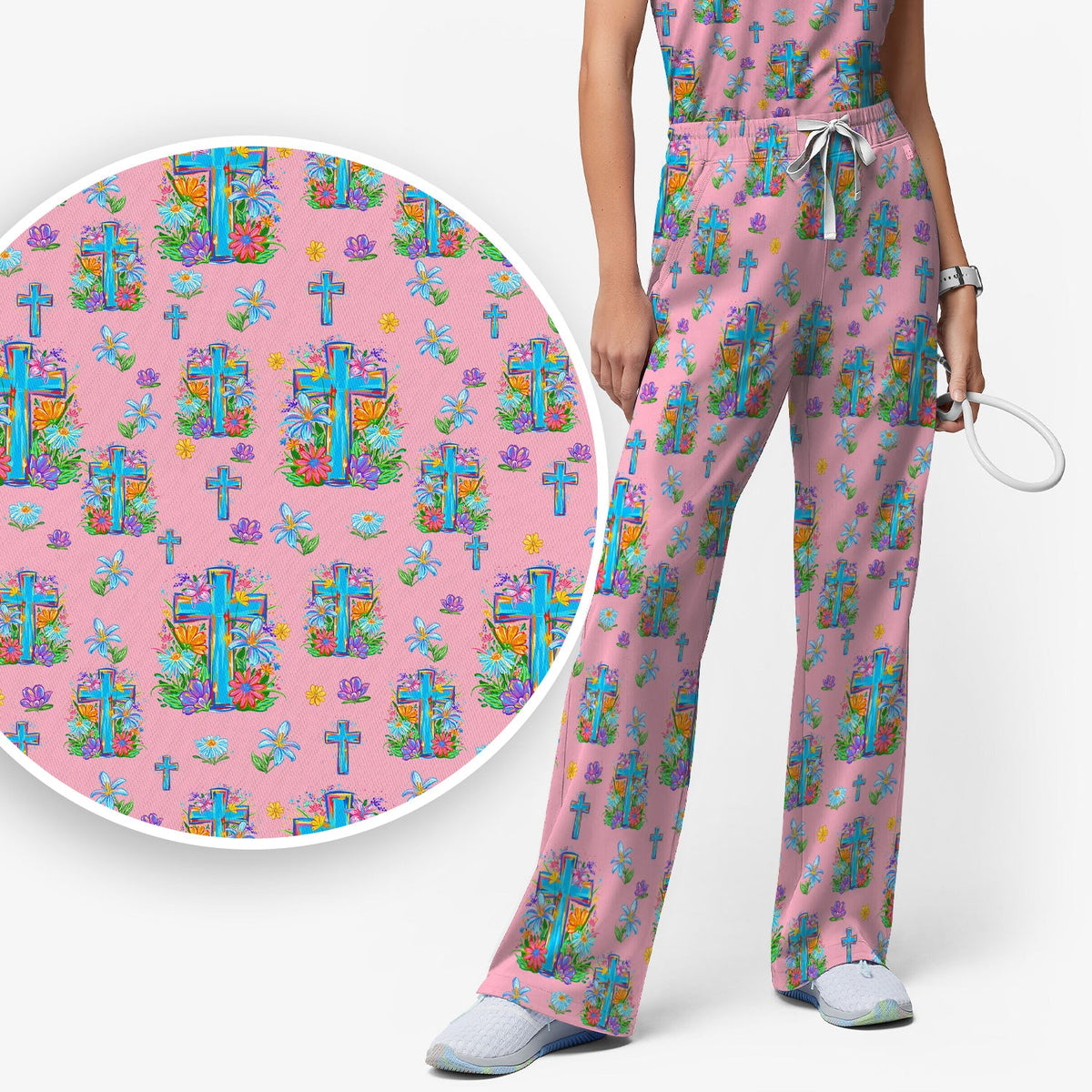 Christian Floral Cross Spring Nurse Scrub Set
