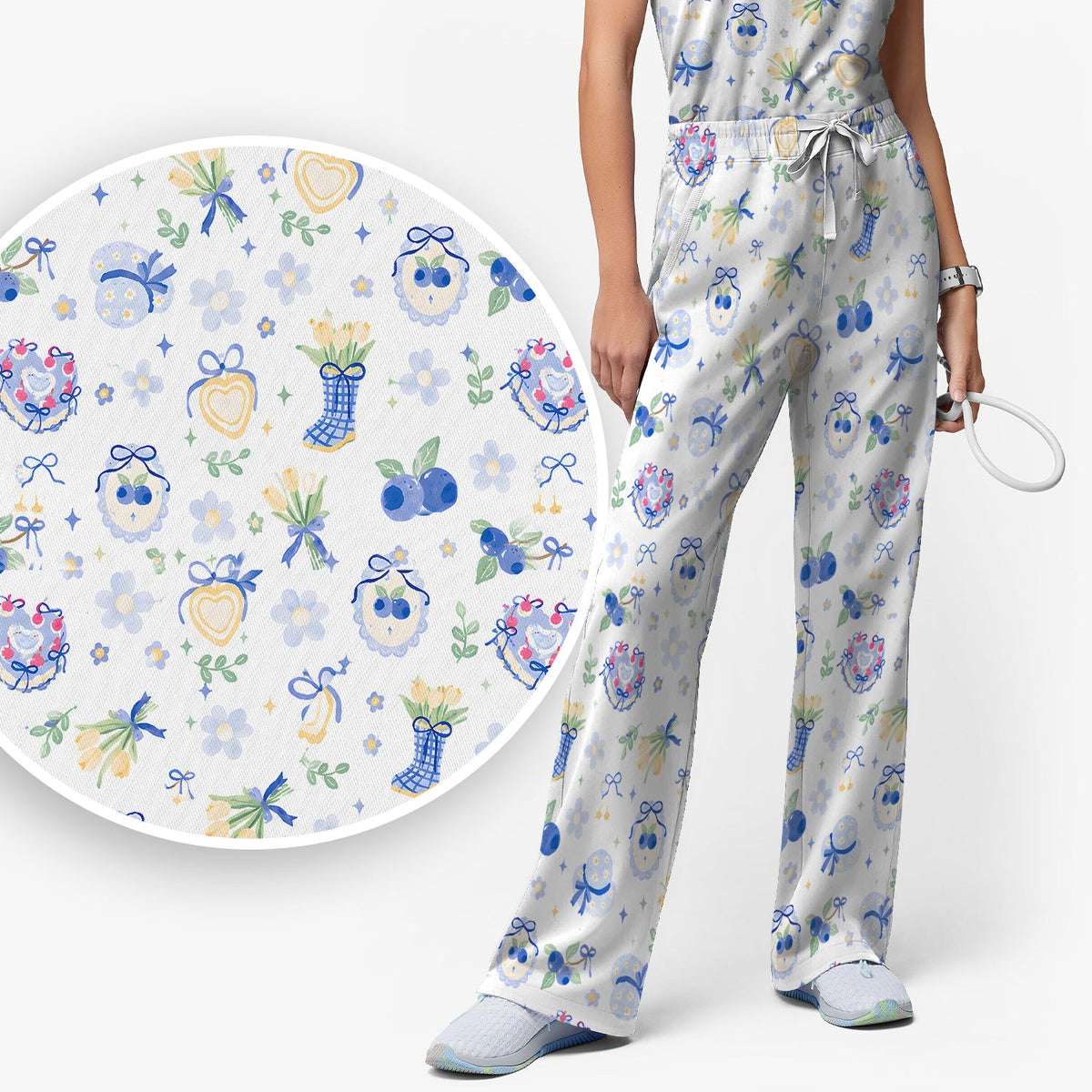 Cute Blueberry Bow Nurse Scrub Set