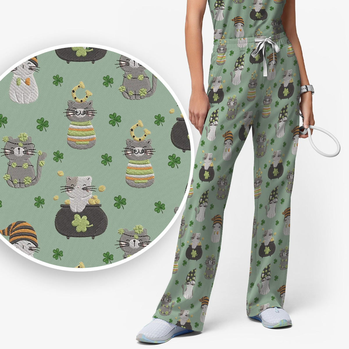St Patrick Lucky Cat Shamrock Nurse Scrub Set
