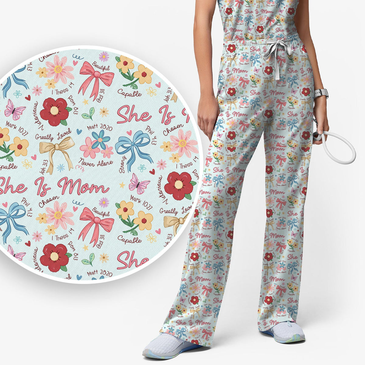 She Is Mom Flower Bow Nurse Scrub Set