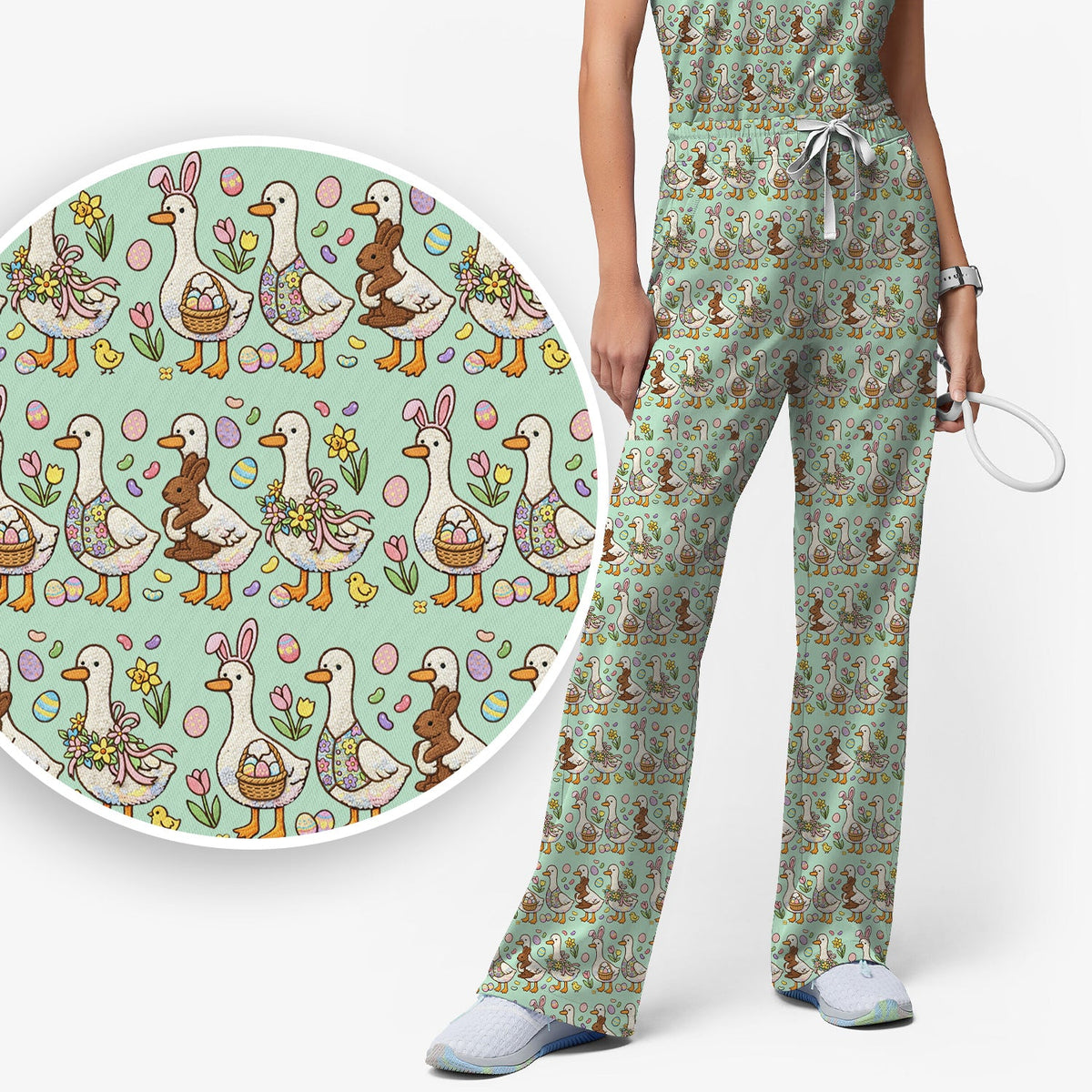 Duck Bunny Egg Floral Nurse Scrub Set - Easter Gift