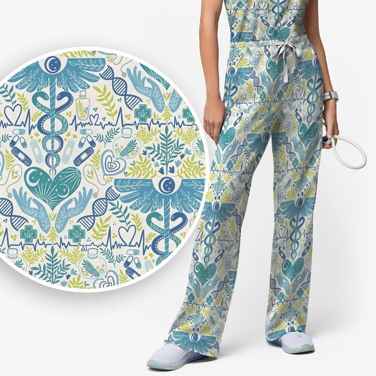 Botanical Caduceus Heart Nurse Scrub Set