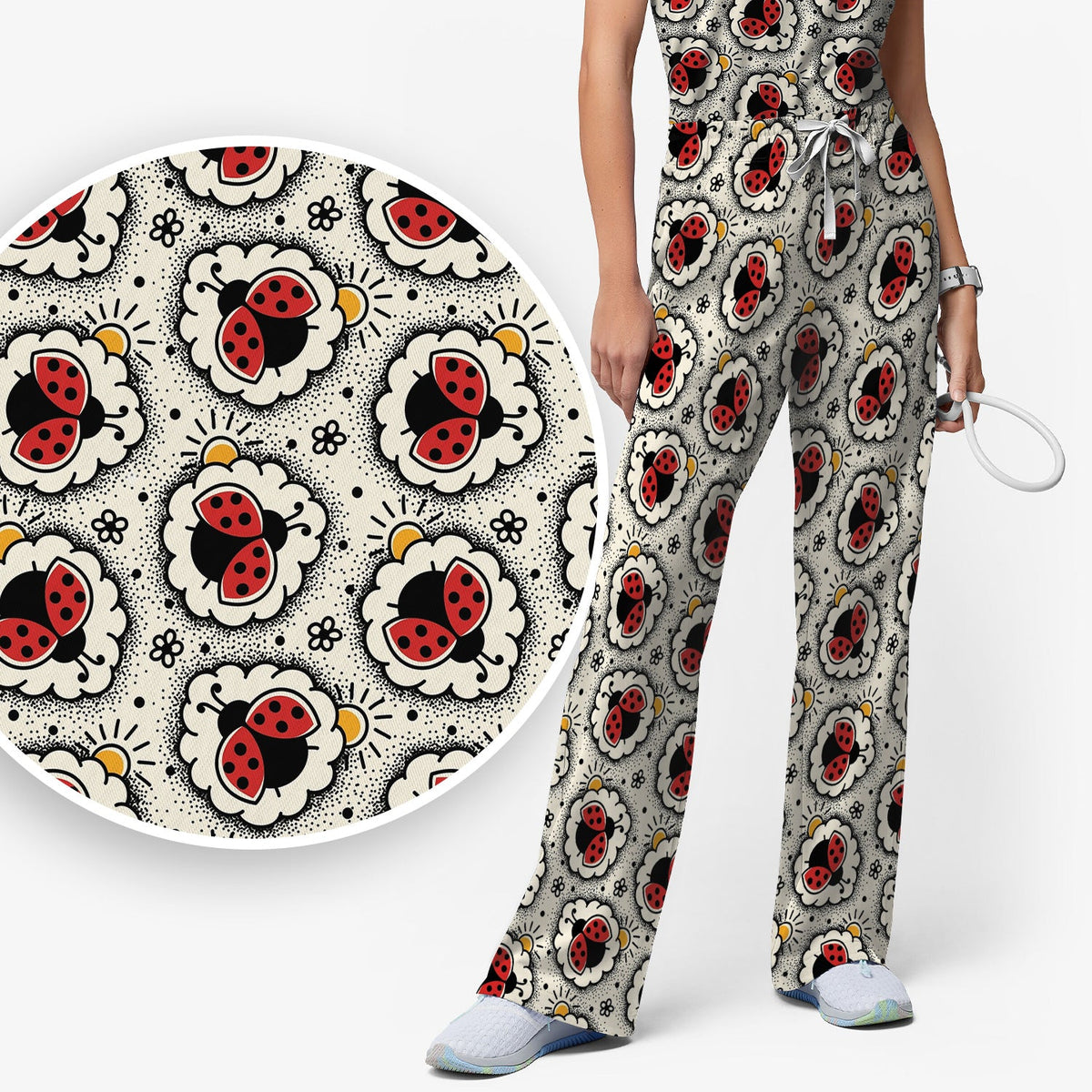 Ladybug Floral Frame Nurse Scrub Set