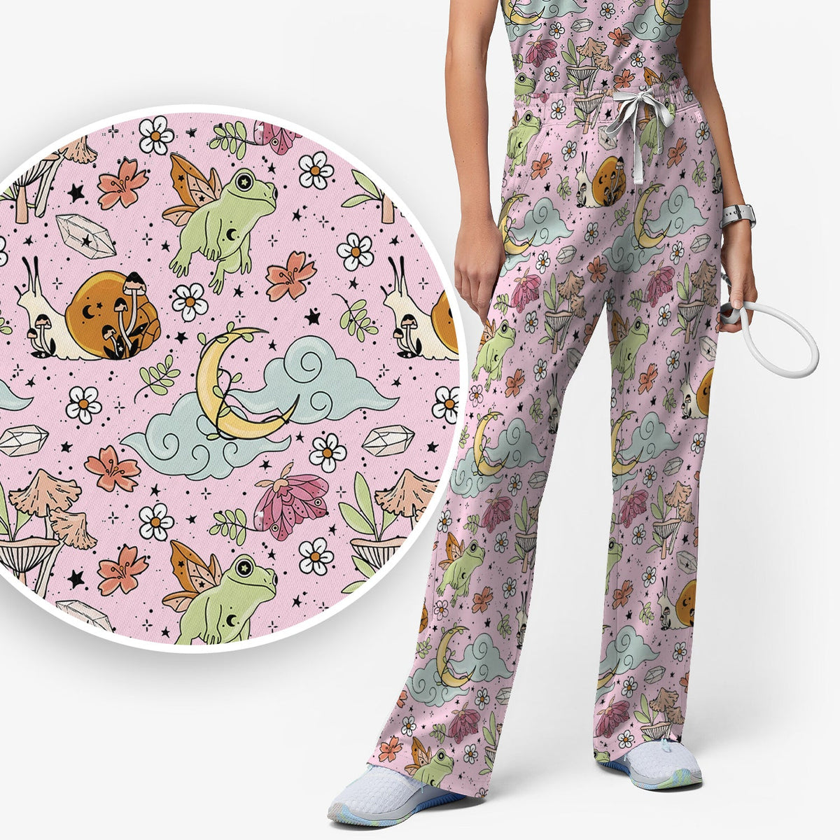 Whimsical Frog Moon Mushroom Nurse Scrub Set