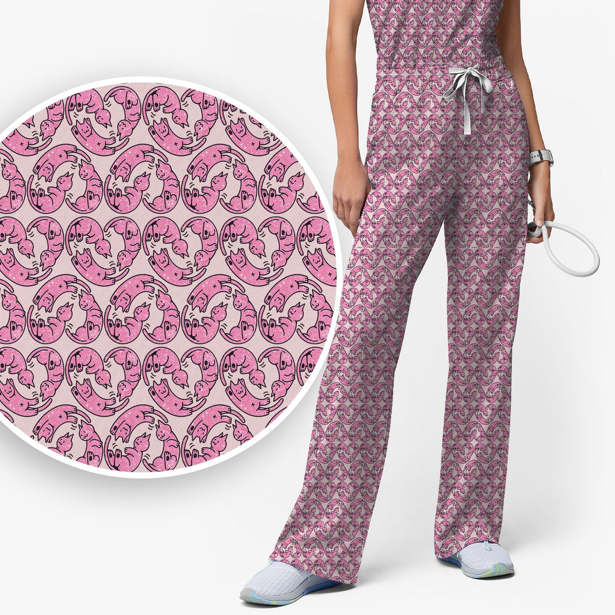 Pink Cat Cartoon Nurse Scrub Set