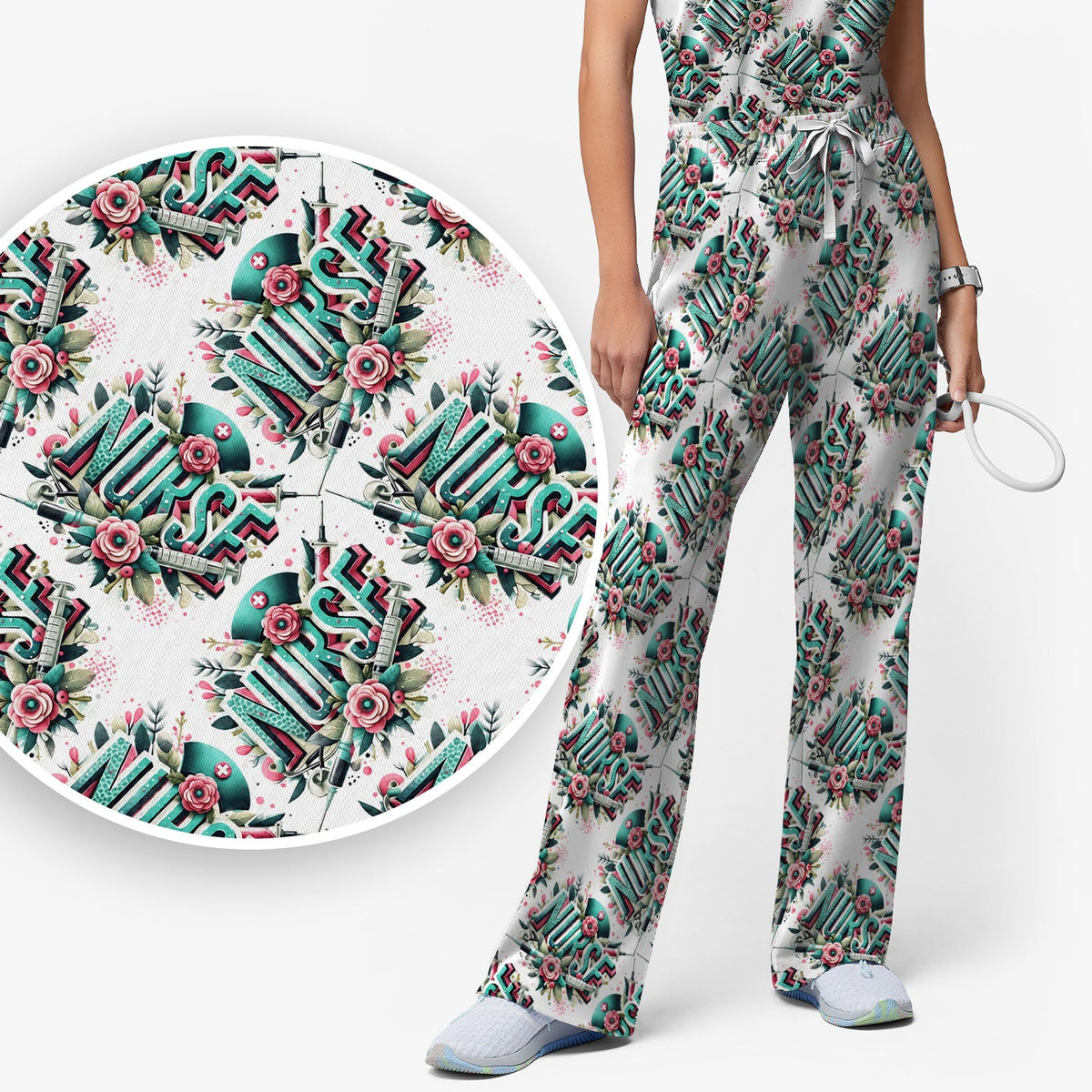 Typography Floral Nurse Scrub Set
