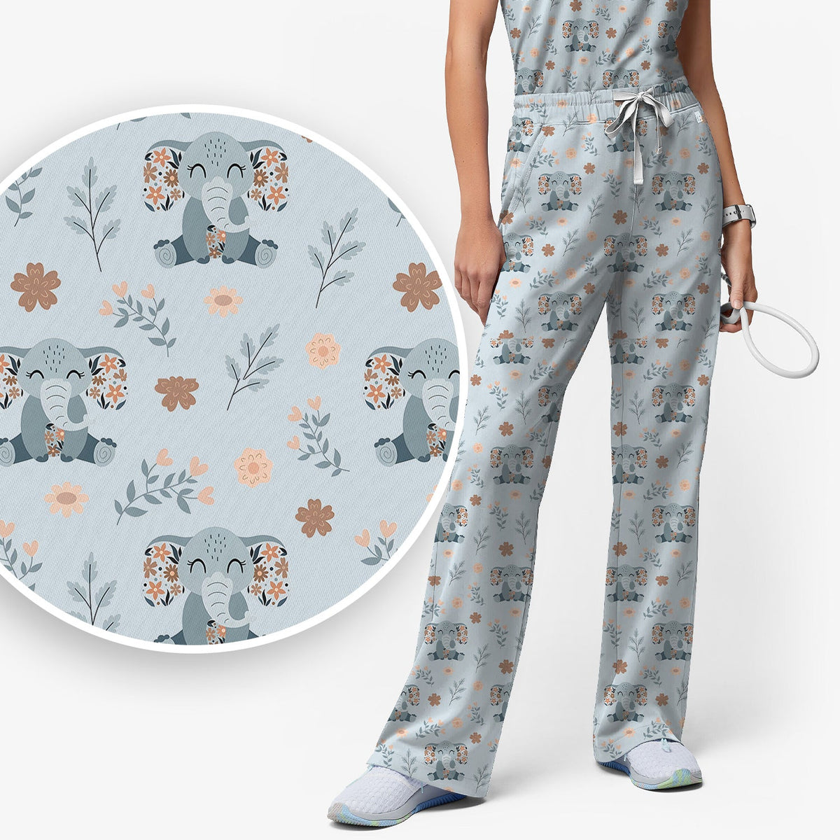 Cute Elephant Floral Print Scrub Set, Scrub Pants and V Neck Top