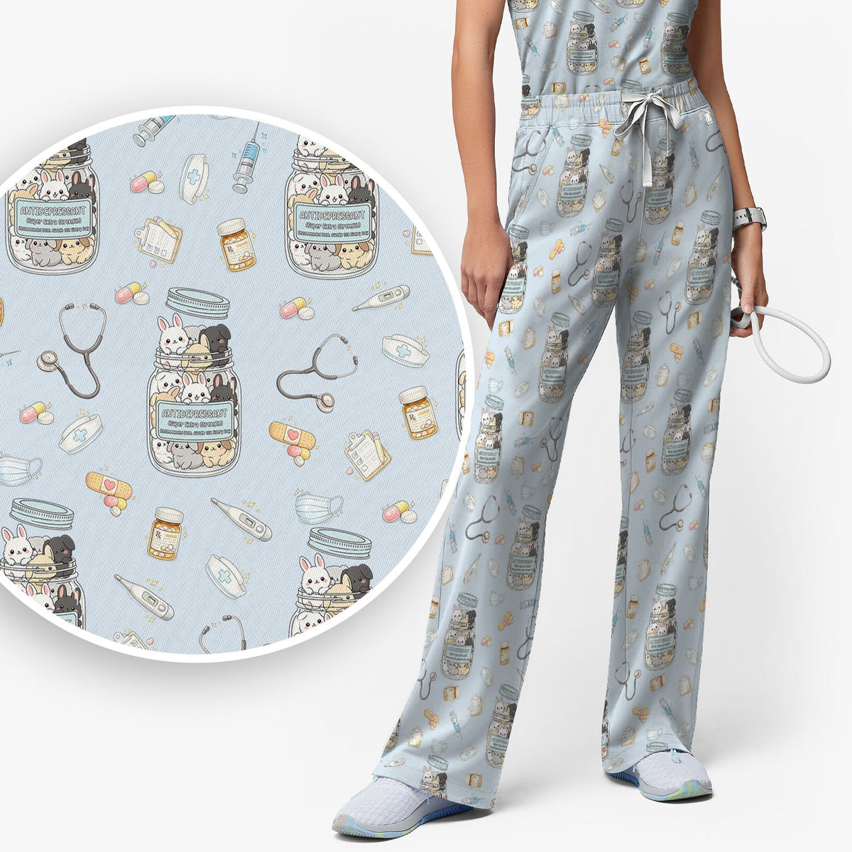 Whimsical Antidepressant Rabbit Jar Nurse Scrub Set