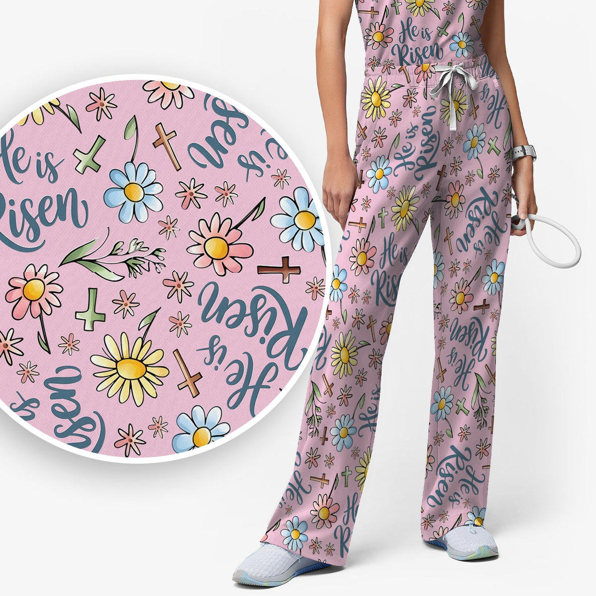 Risen Cross Flower Nurse Scrub Set - Easter Gift
