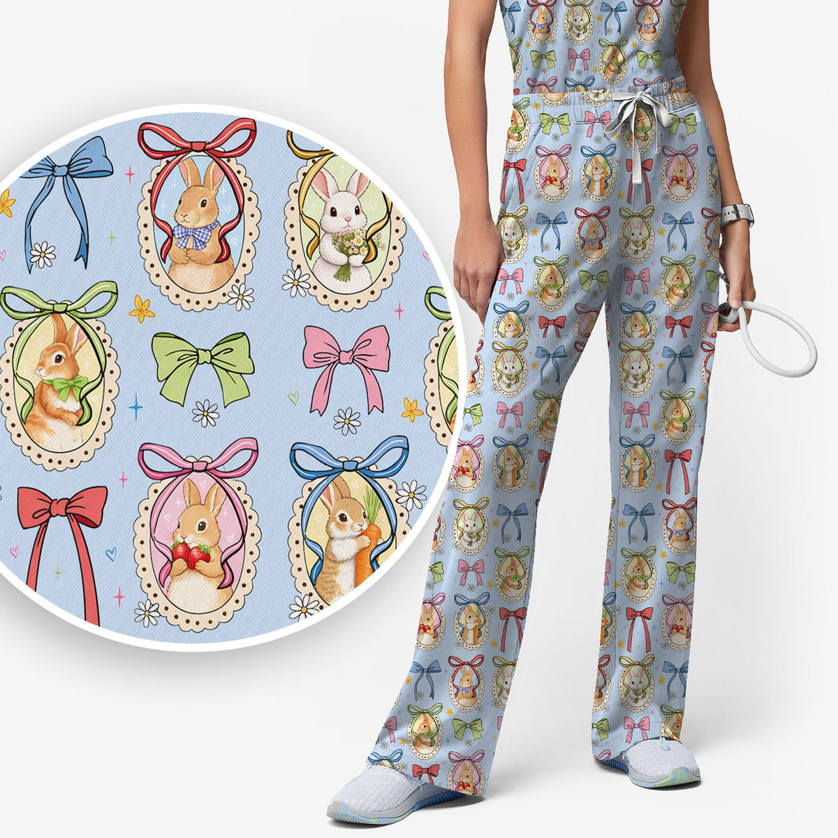 Bunny Cameo Bow Nurse Scrub Set - Easter Gift