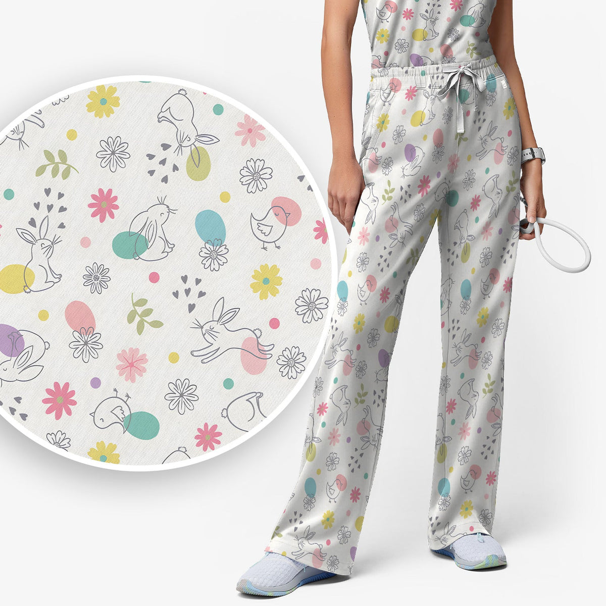 Whimsical Easter Bunny Eggs Nurse Scrub Set