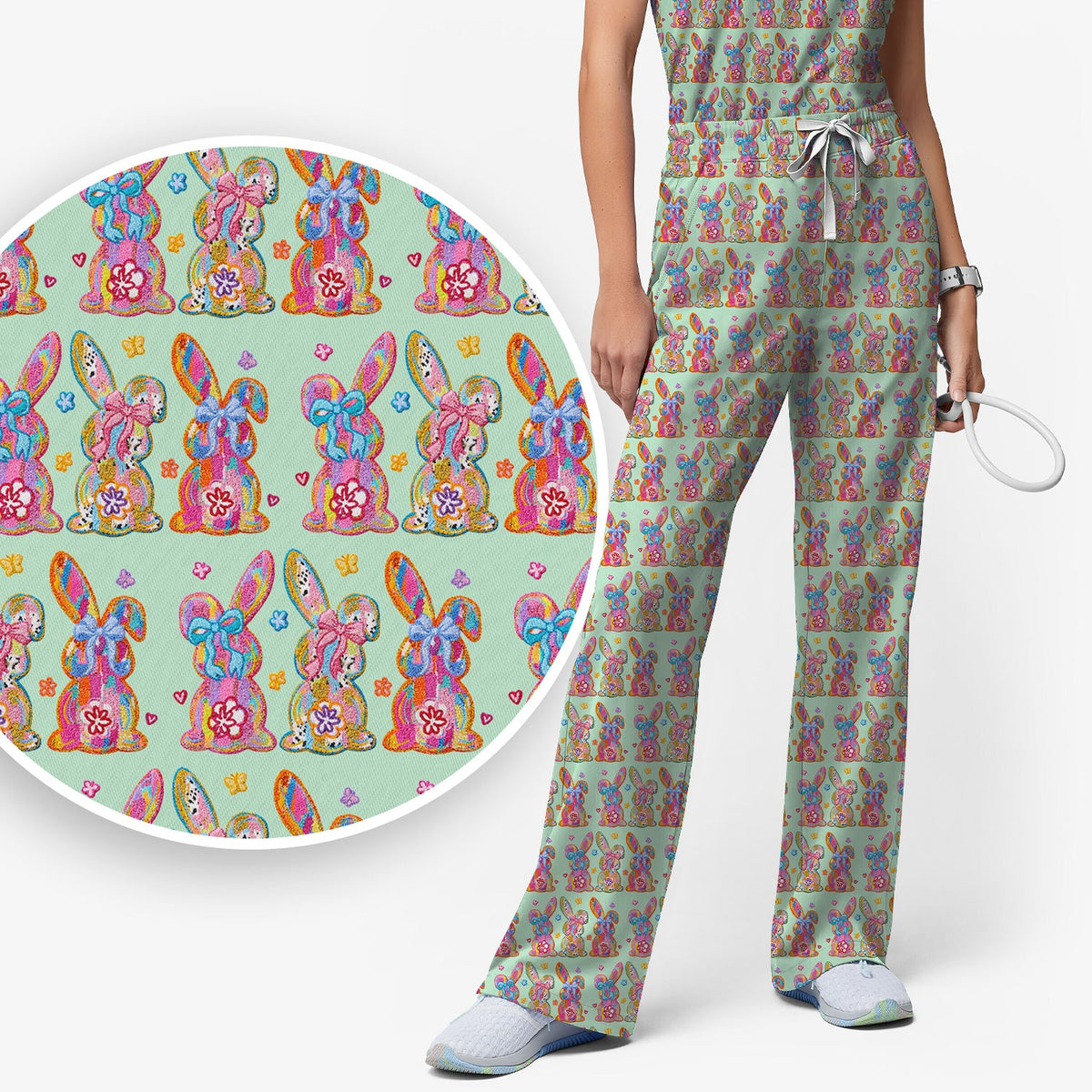 Pastel Bunny Floral Nurse Scrub Set