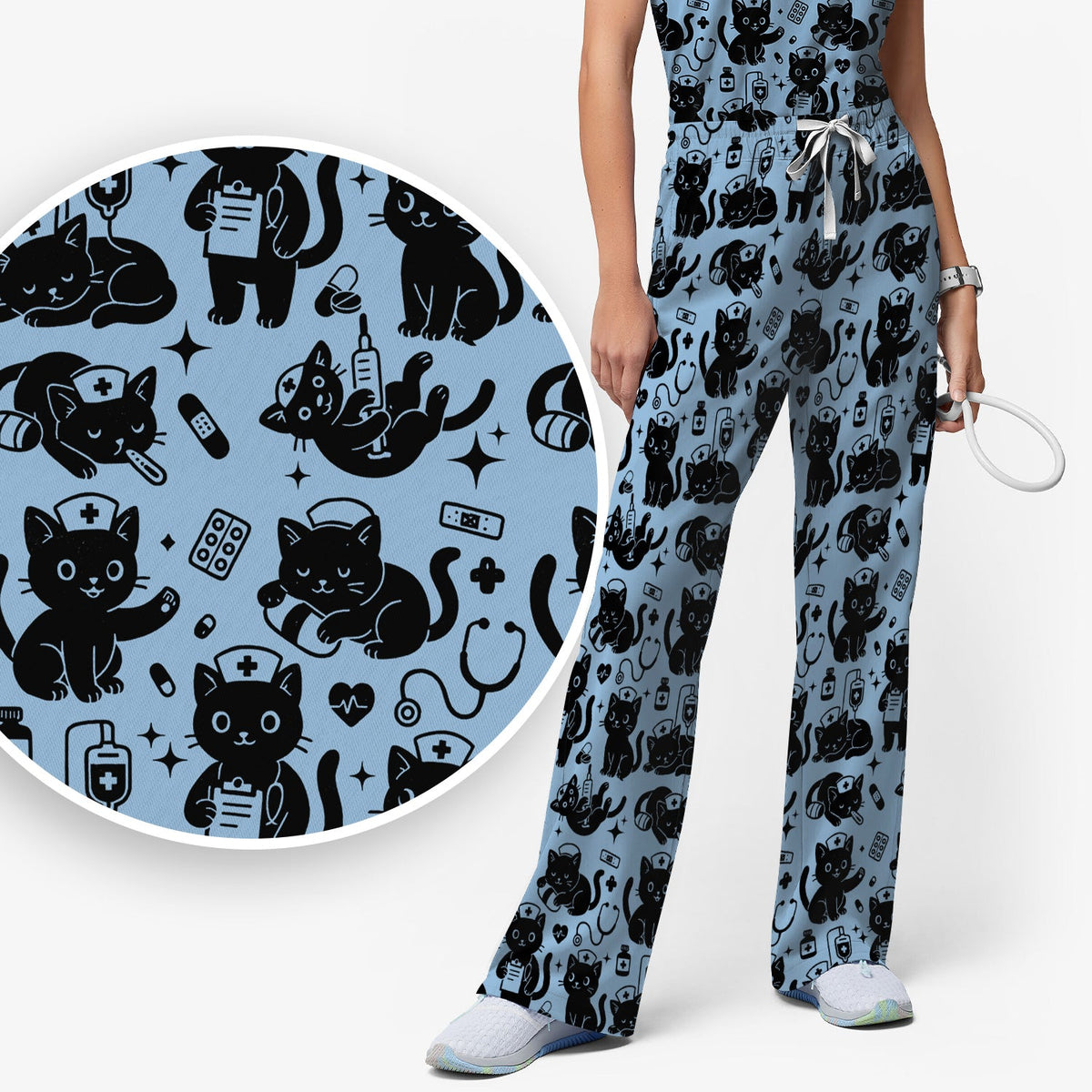 Cute White Black Cat Nurse Scrub Set