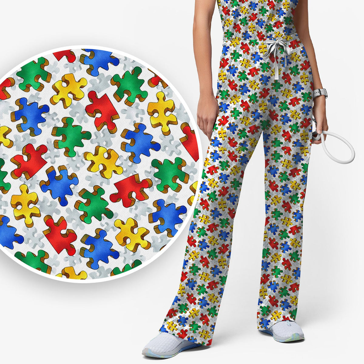 Colorful Autism Puzzle Piece Nurse Scrub Set