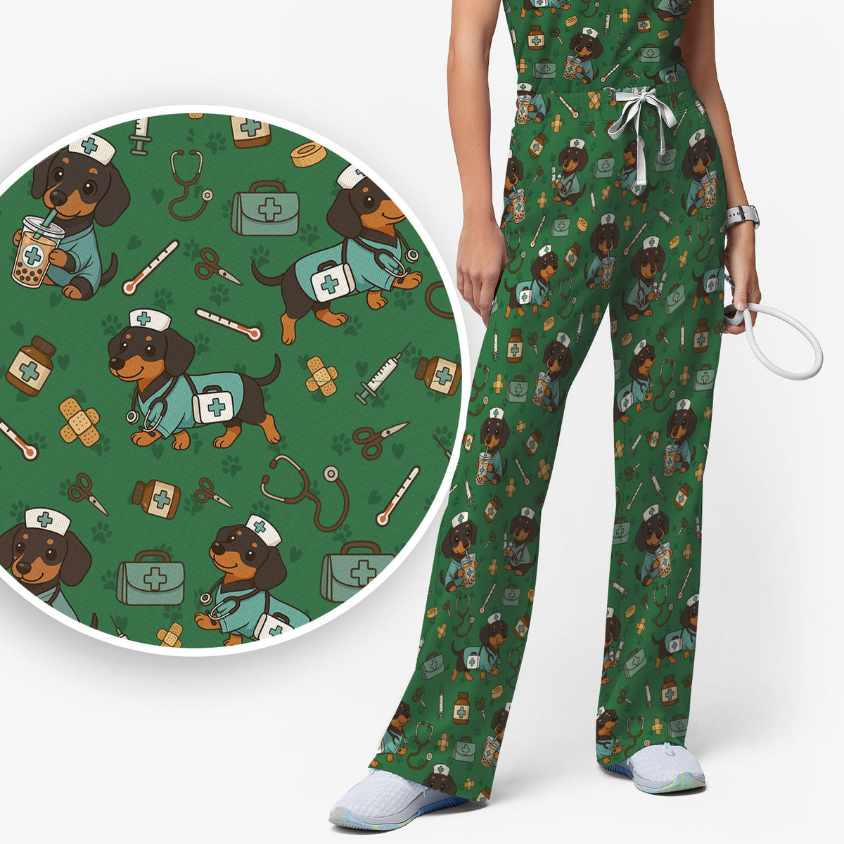 Funny Dachshund Nurse Scrubs Set - Cute Dog Print Medical Shirt - Holiday Nurse Scrub Top Gift for RN CNA Doctor, Women & Men