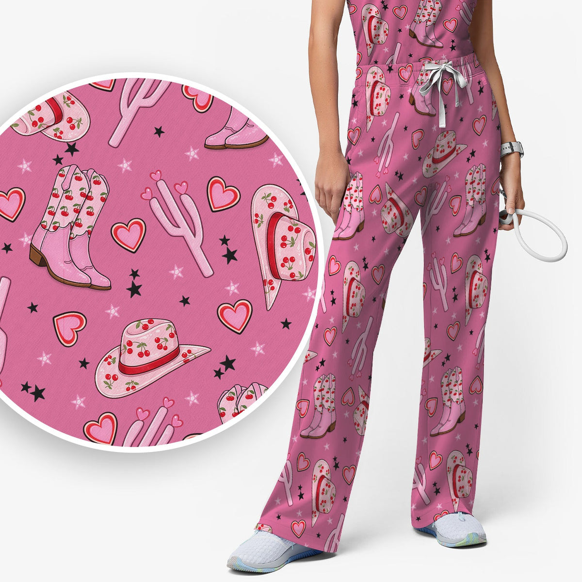 Pink Cowgirl Western Boots Hat Pattern Scrub Set, Scrub Pants and V Neck Top
