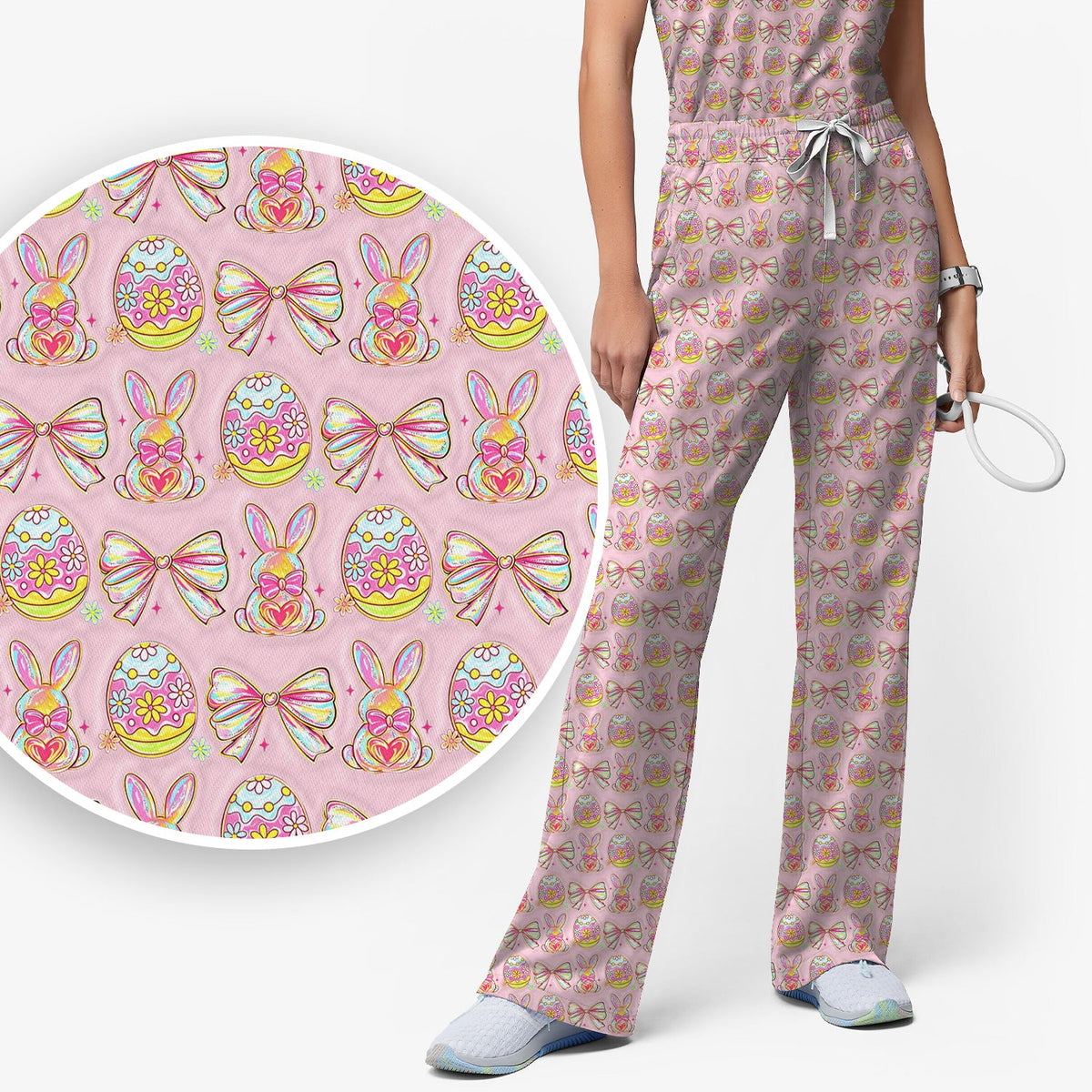 Bunny Pastel Egg Bow Nurse Scrub Set - Easter Gift