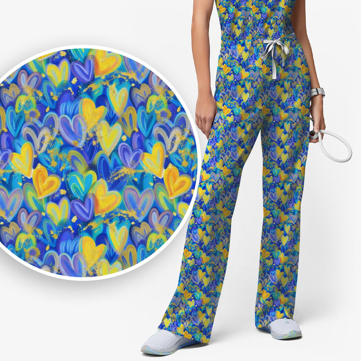 Blue Yellow Layered Heart Nurse Scrub Set