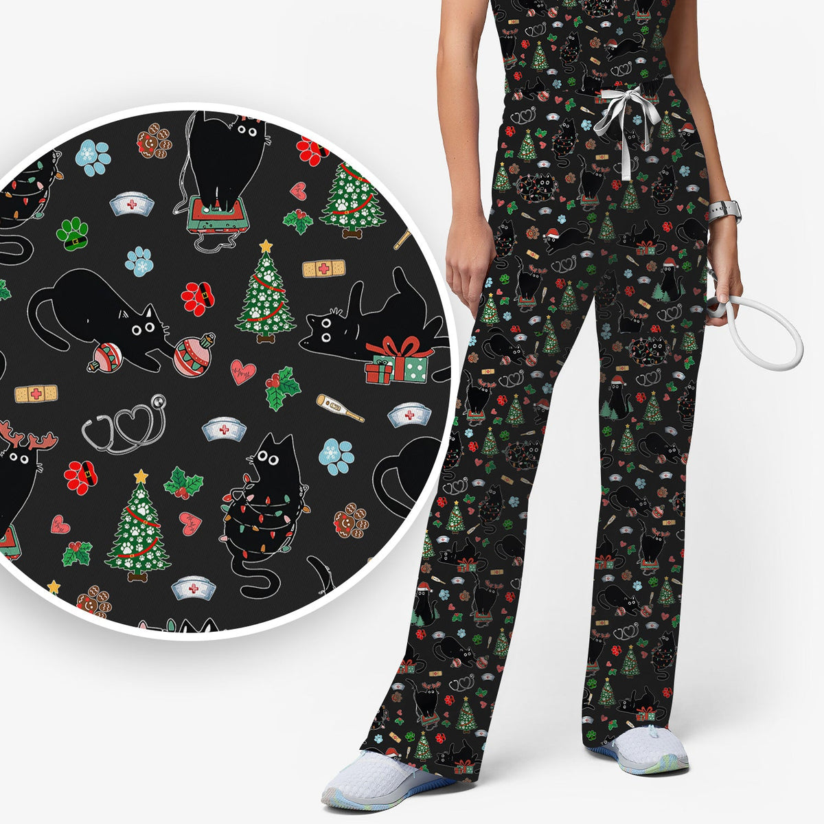 Black Cat Christmas Nurse Scrub Set, Festive Kitty Medical Uniform for Women