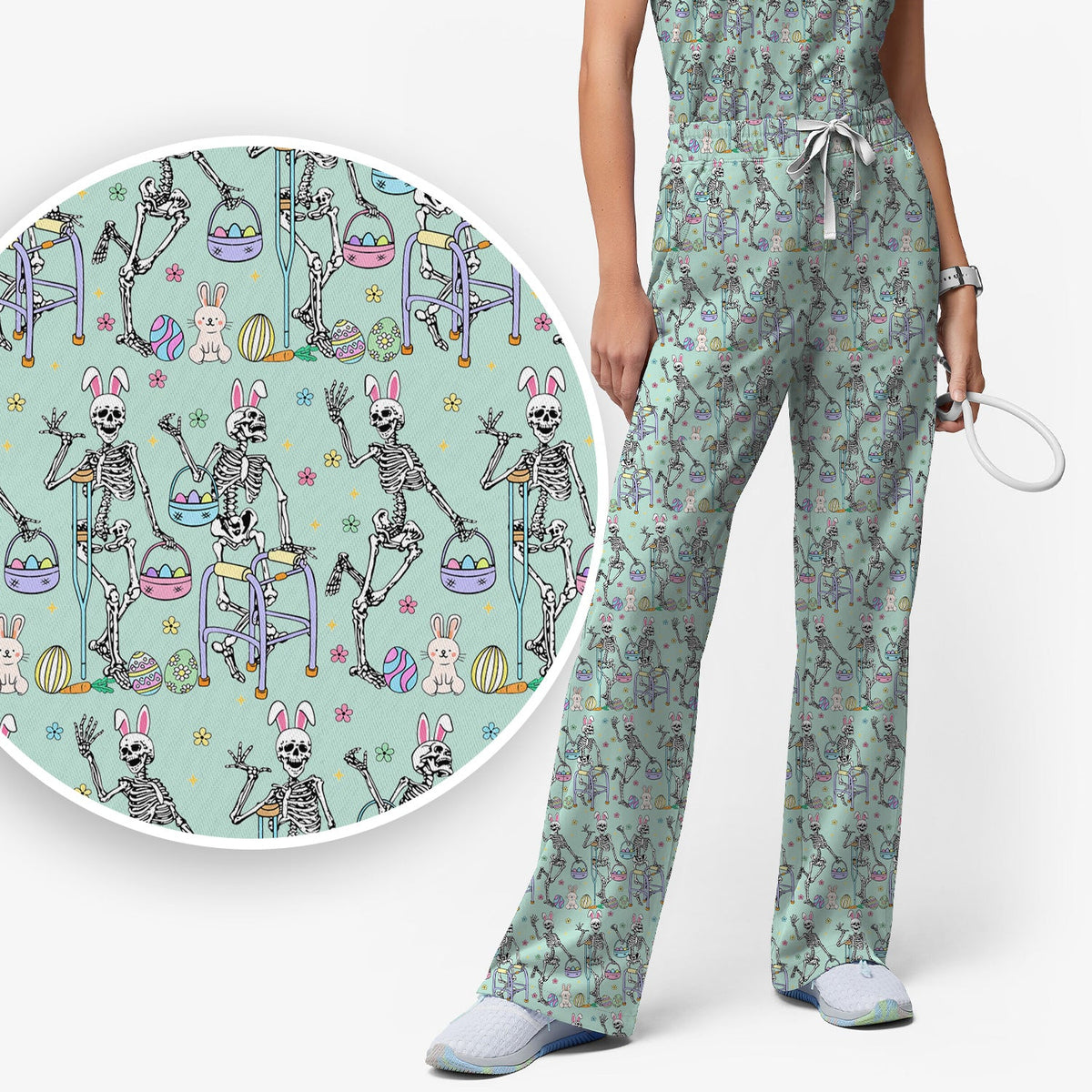 Fun Skeleton Bunny Nurse Scrub Set - Easter Gift
