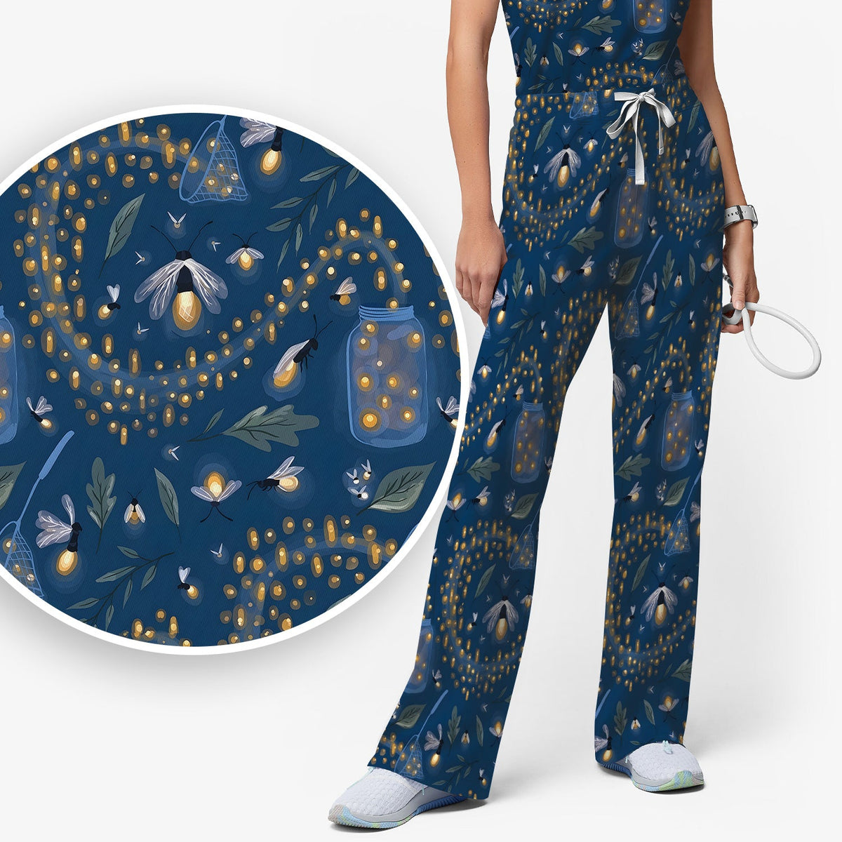 Cute Nurse Firefly Pattern Scrub Set, Scrub Pants and V Neck Top