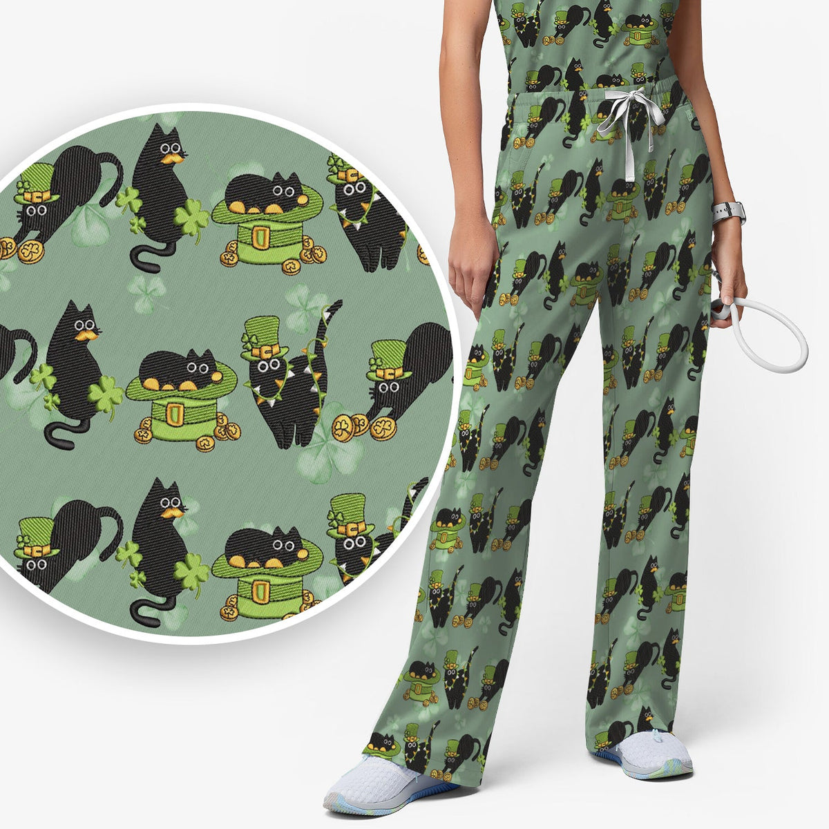 St Patrick Black Cat Clover Nurse Scrub Set