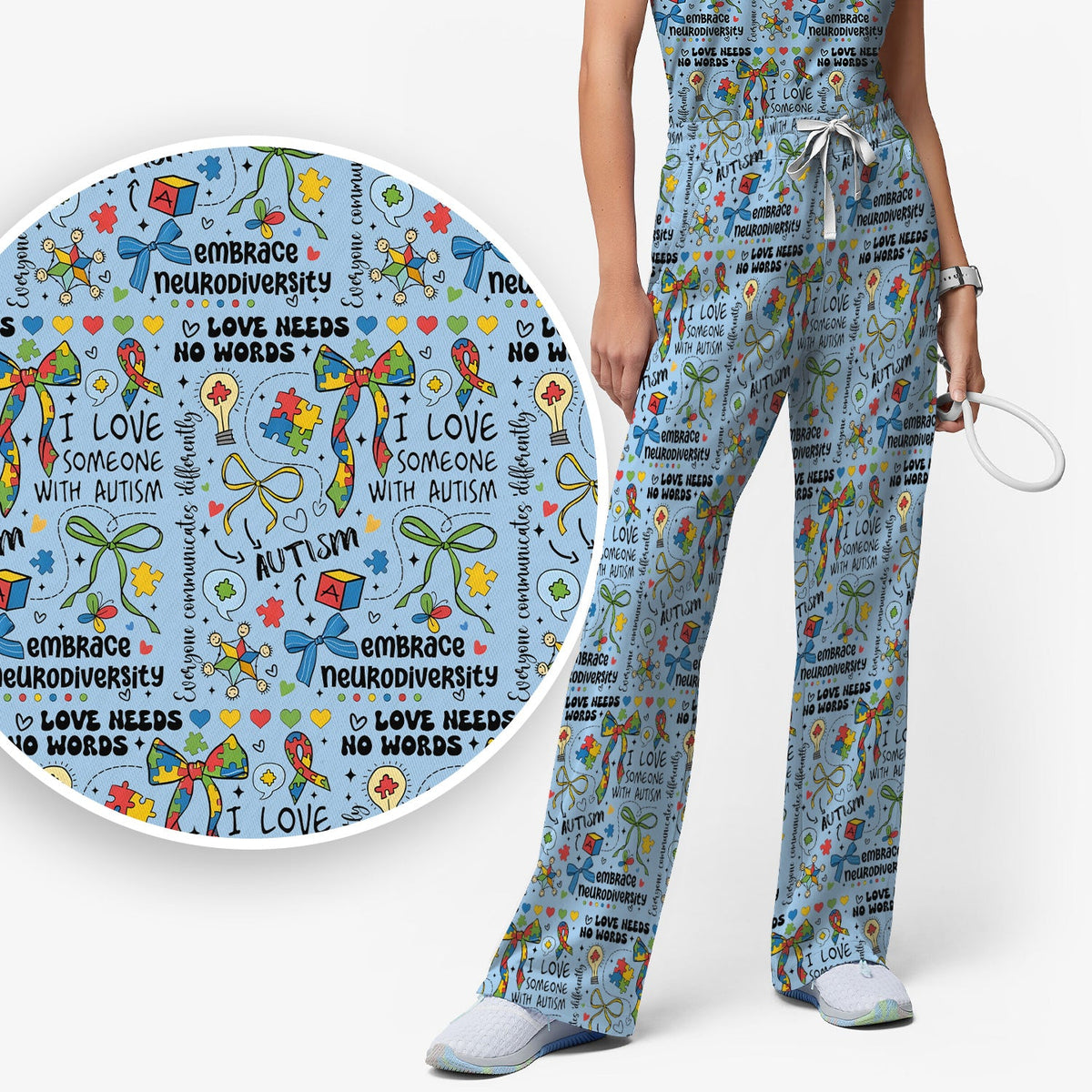 Autism Awareness Puzzle Ribbon Pastel Nurse Scrub Set