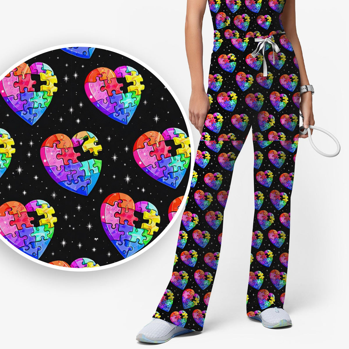 Rainbow Autism Puzzle Heart Starry Sky Nurse Scrub Set