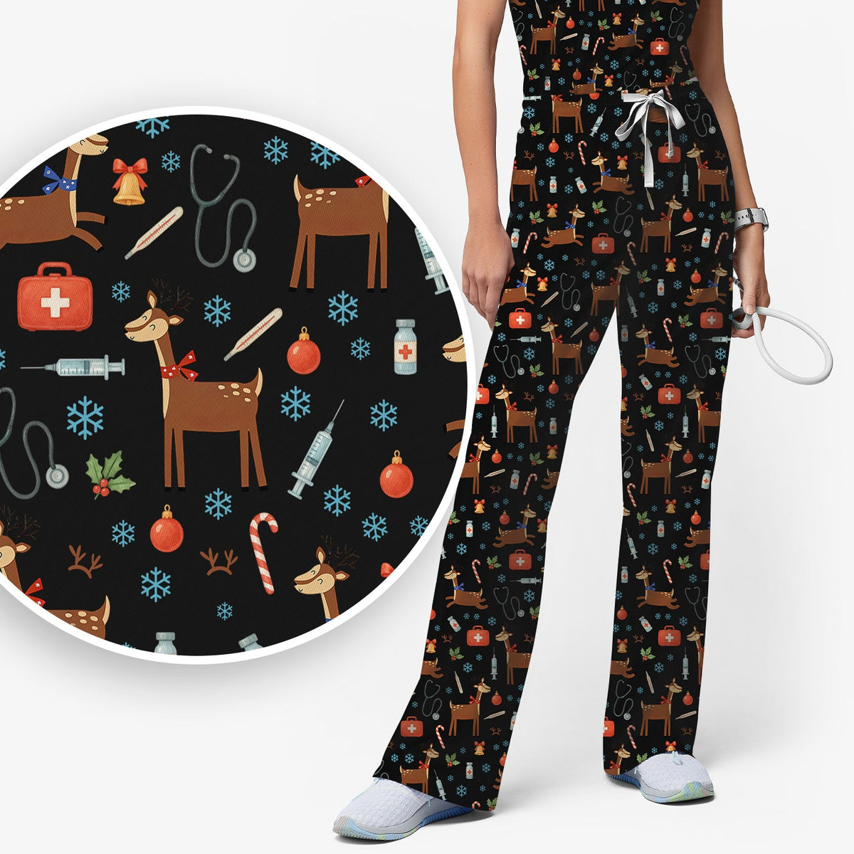 Christmas Reindeer Snowflakes Candy Cane Nurse Scrub Set