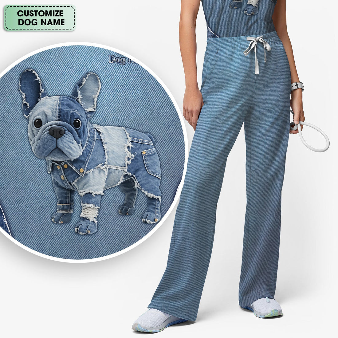Personalized Denim French Bulldog Nurse Scrub Set