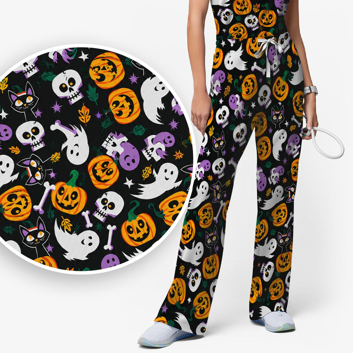 Spooky Pumpkin Ghost Print Nurse Scrub Set