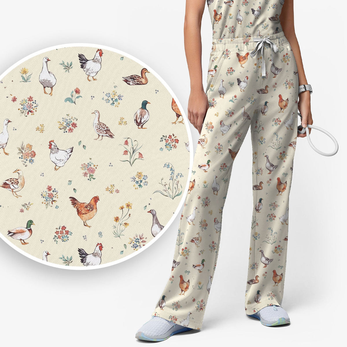 Farm Chicken Duck Floral Nurse Scrub Set
