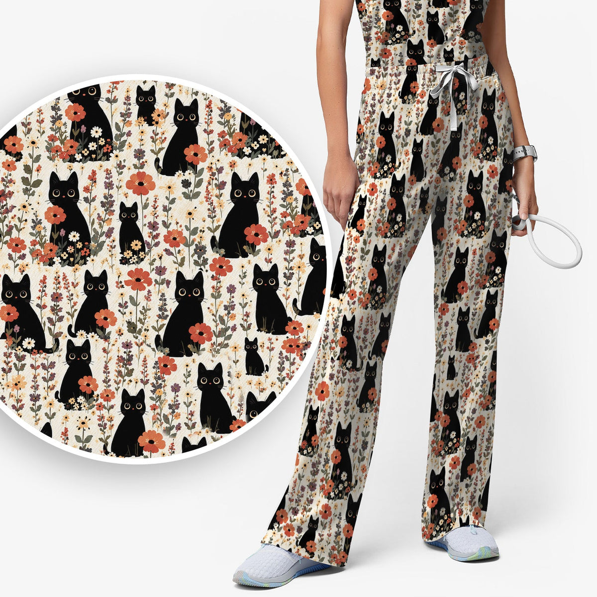 Cute Black Cat Wildflower Nurse Scrub Set
