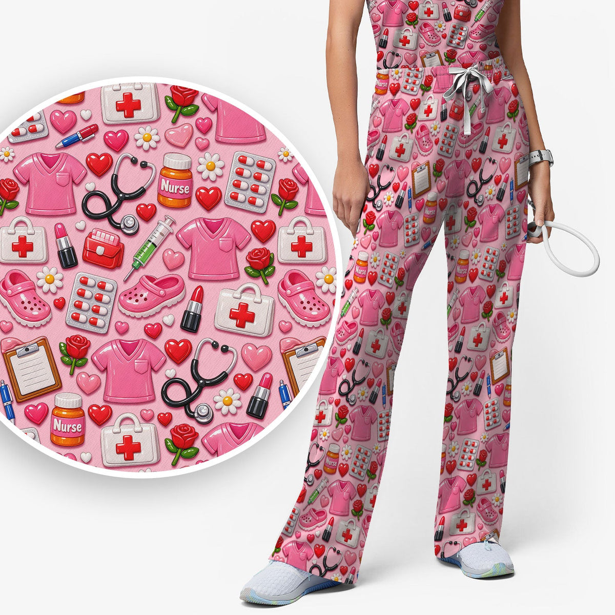 Medical Icons Scrub Set, Cute Pattern Nurse Shirt, Breathable Fabrics Nursing Uniform