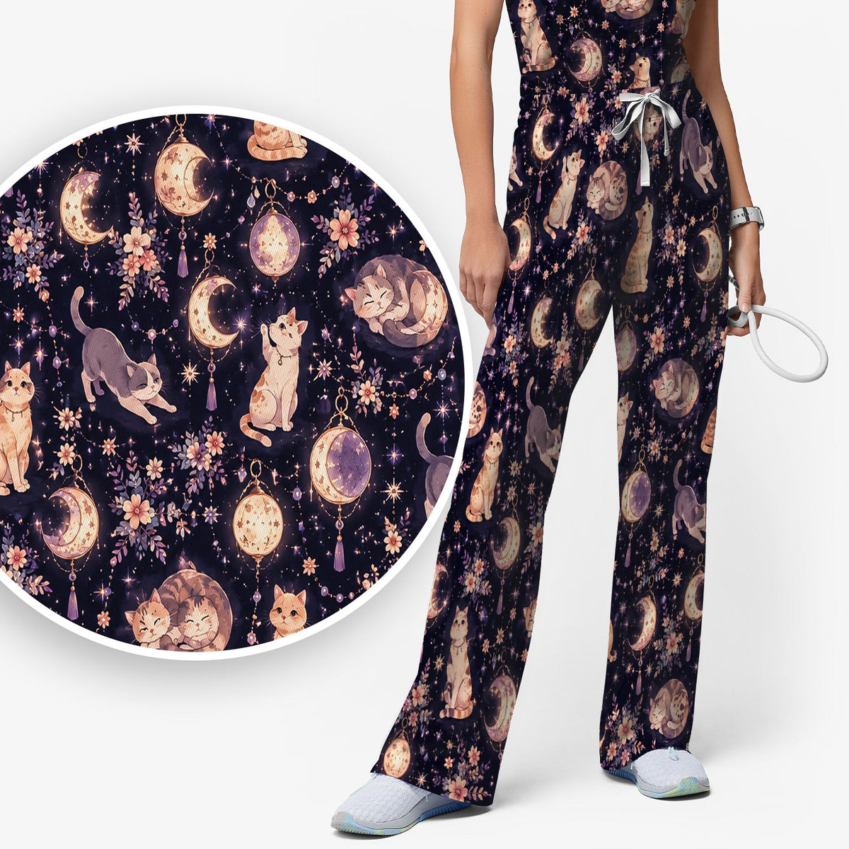 Celestial Cat Pattern Scrub Set, Scrub Pants and V Neck Top