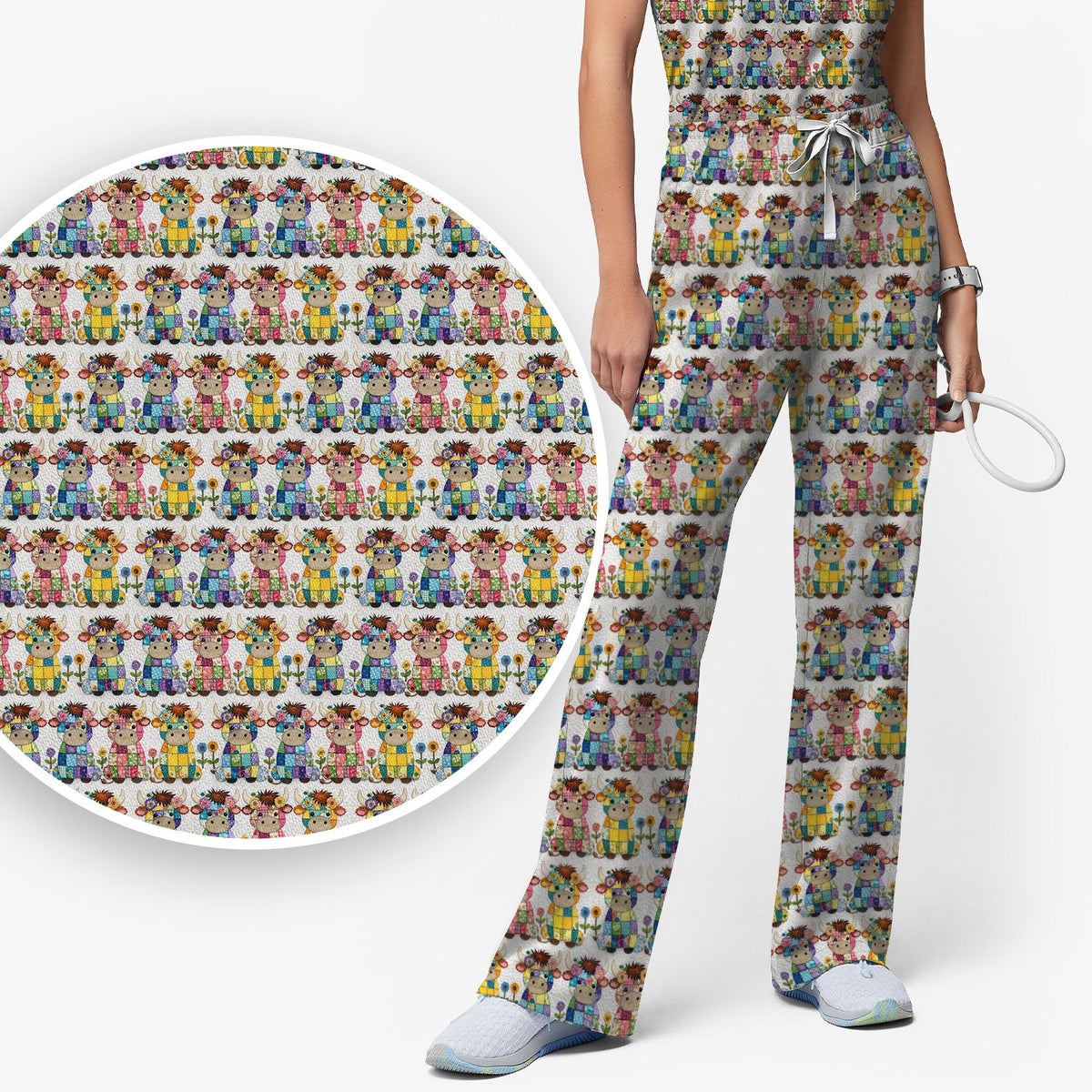 Patchwork Cow Flowers Nurse Scrub Set