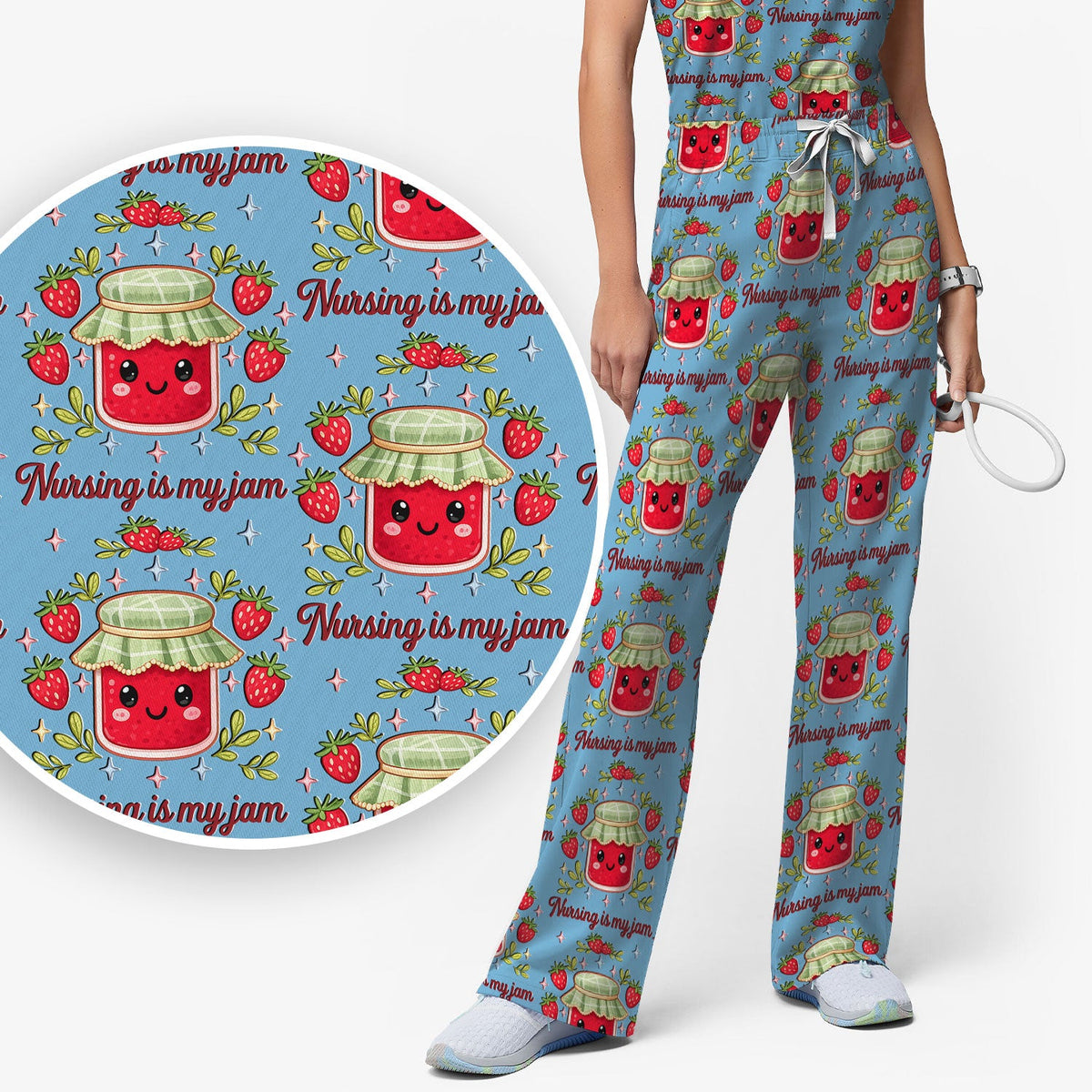 Cute Strawberry Jam Nurse Pattern Scrub Set, Breathable Med Uniform