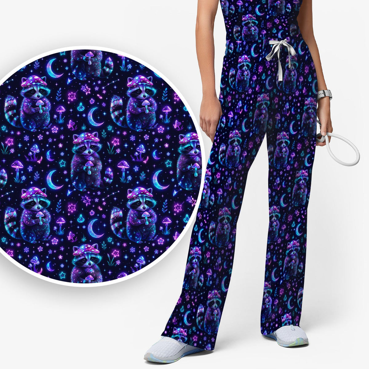 Neon Mushroom Raccoon Moonlight Nurse Scrub Set