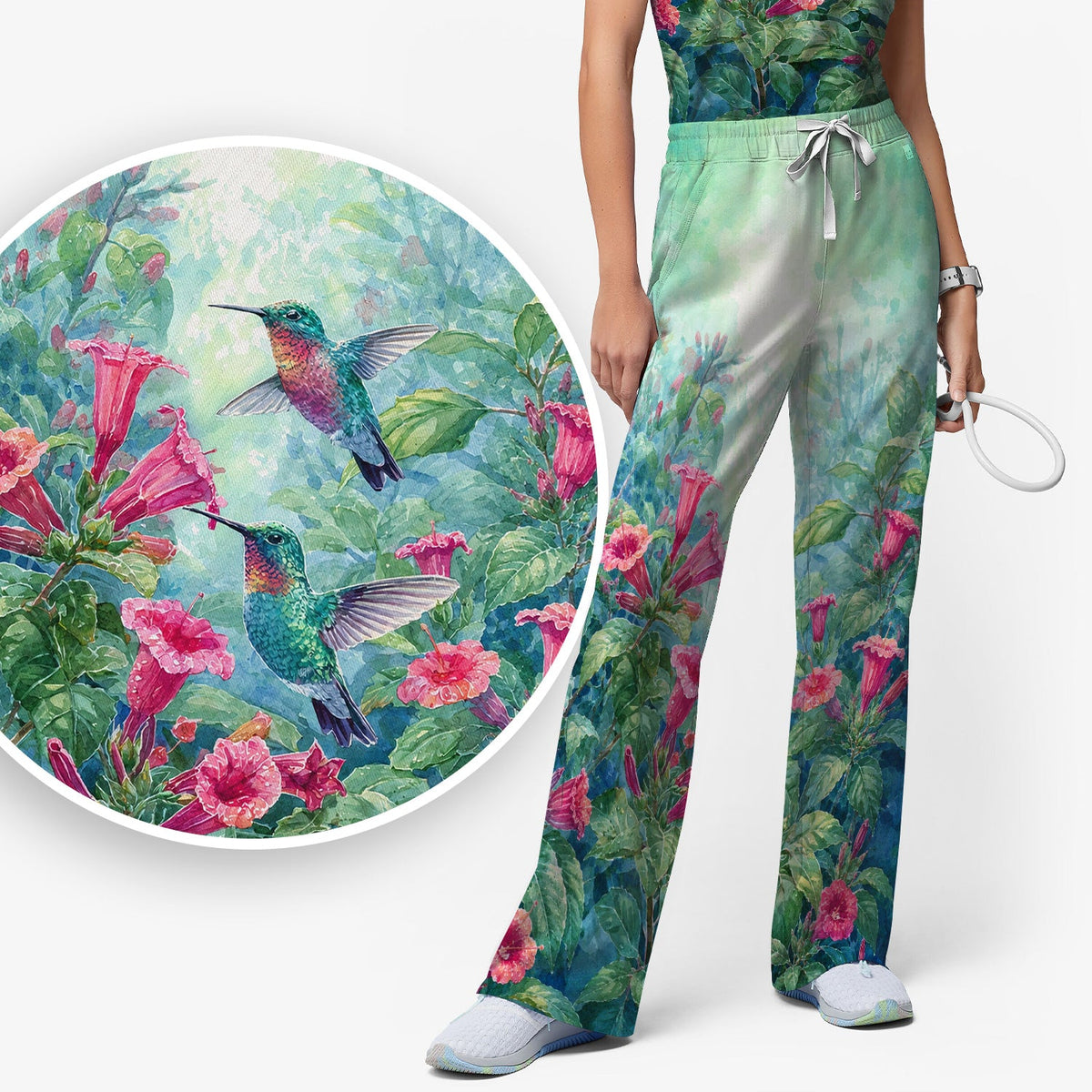 Vintage Hummingbird Floral Garden Nurse Scrub Set