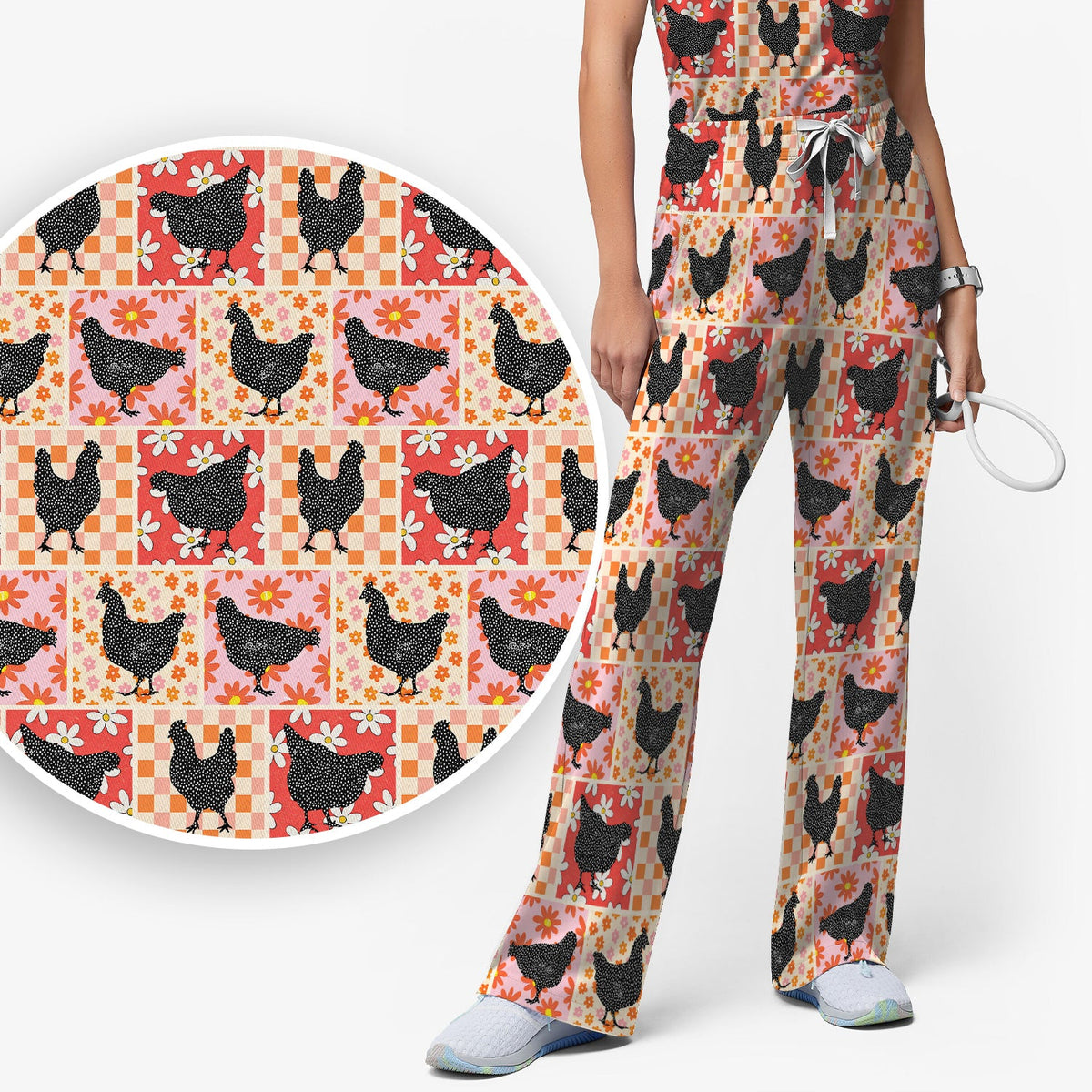 Chicken Patchwork Floral Nurse Scrub Set