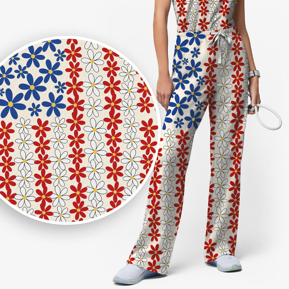 Retro Red Blue Daisy Nurse Scrub Set