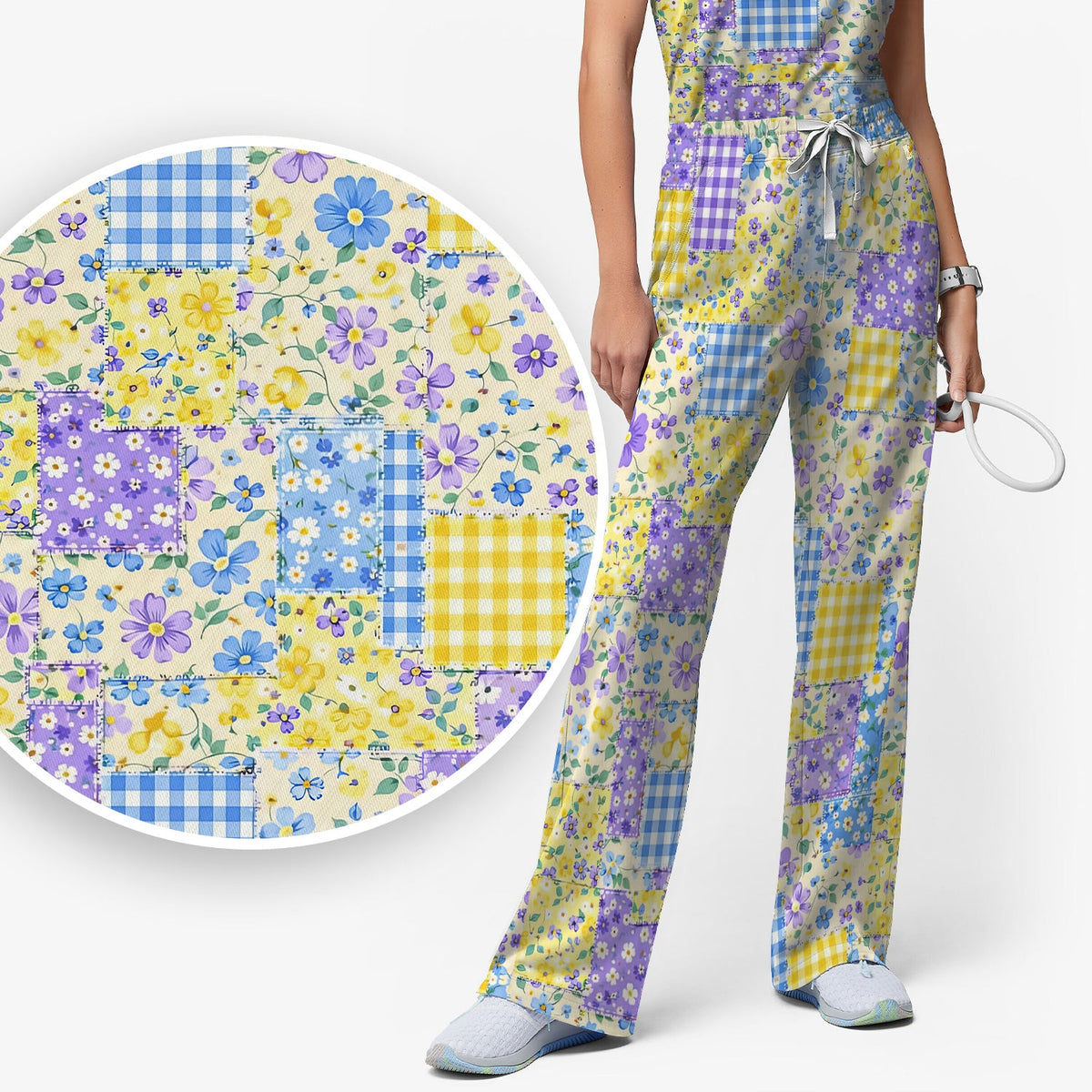 Floral Patchwork Gingham Nurse Scrub Set